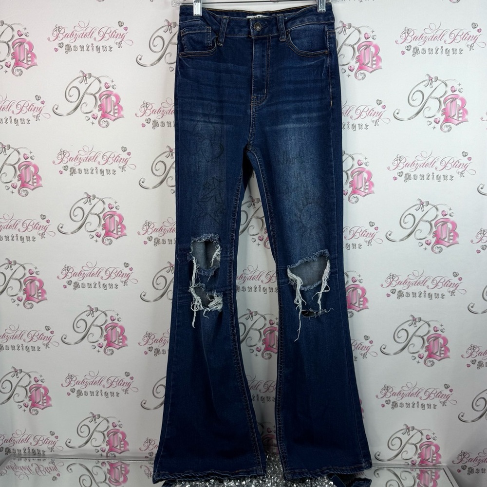 Wax Jean pants ripped style line work art Dark Blue Distressed Flare Jeans